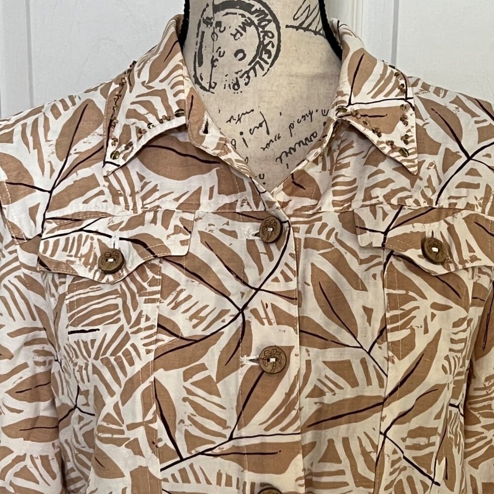 Hearts Of Palm Tan Botanical Print Linen Jacket Blazer Casual Coastal Neutral 14 - Picture 2 of 9